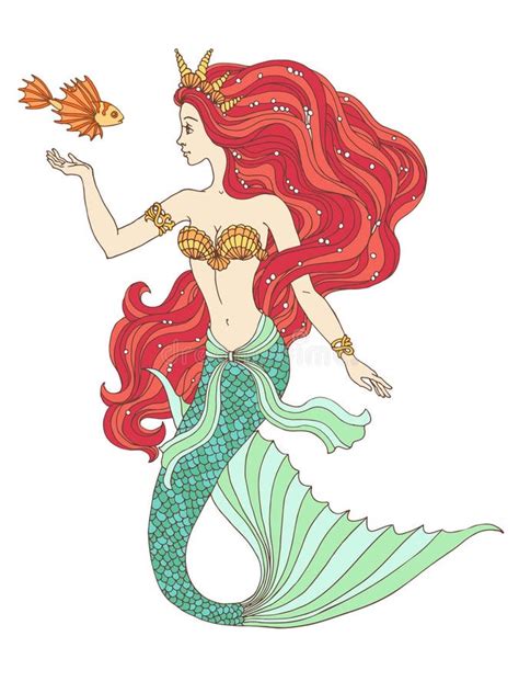 Mermaid With Fish Undersea Hand Drawn Vector Illustration Stock Vector
