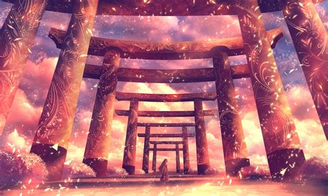 Wallpaper Scenery Anime Landscape Kimono Torii Shrine Petals