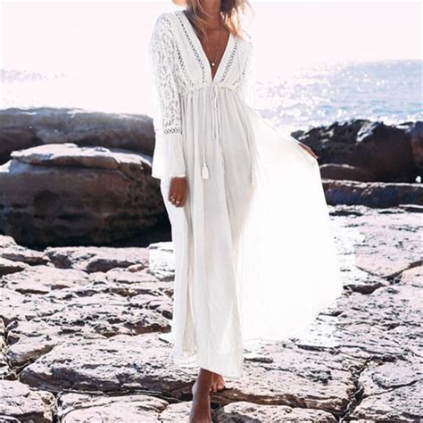 Kaftan Beach Long Dress Swimwear Tunics Beach 2018 White Dress