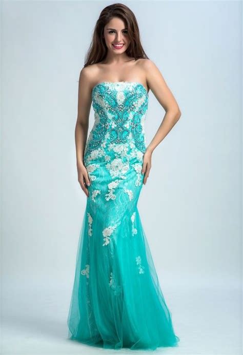 Pretty Mermaid Strapless Aqua Tulle Lace Applique Beaded Prom Dress