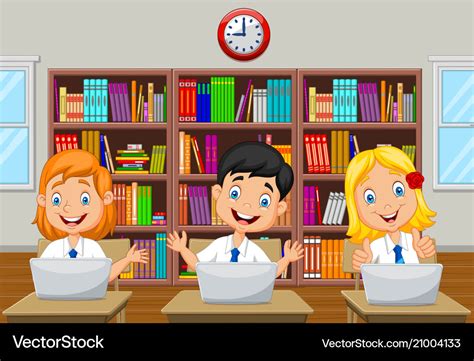 Cartoon Kids Study With Computer In Class Room Vector Image