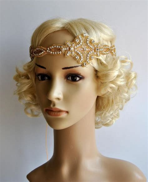 Gold Gatsby Headband 1920s Flapper Headpiece Rhinestone Beaded