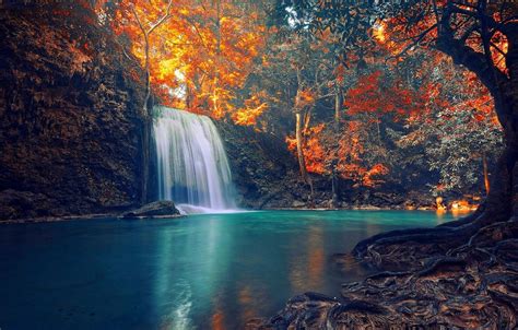 Wallpaper Red Golden Forest Thailand Trees Sunset Beautiful Autumn Waterfall Turquoise