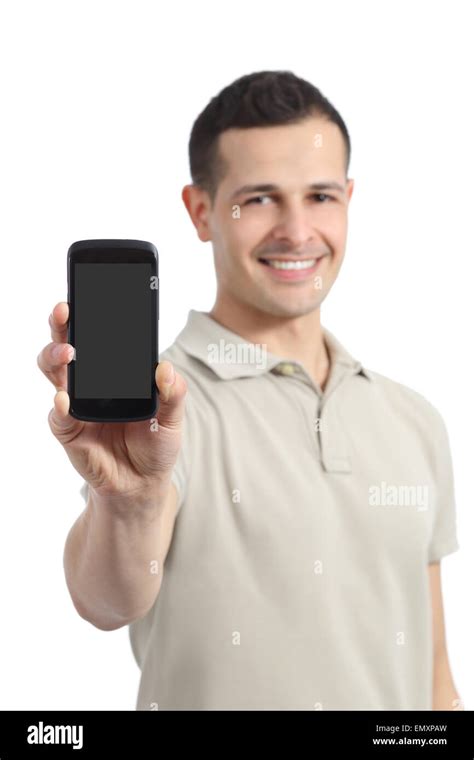 Handsome Man Showing A Blank Smart Phone Display Isolated On A White