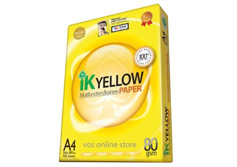 Ik yellow is a multifunction business paper widely available in various sizes and grammages. A4 PAPER - IK YELLOW(INDAH KIAT) 80gsm(450's) @ 10REAMS
