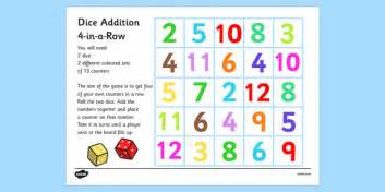 Four In A Row Dice Addition Game Classroom Resource