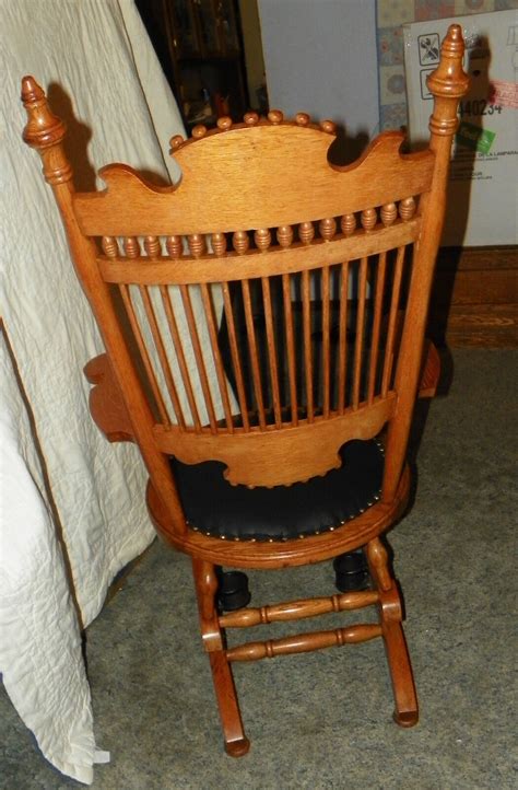 Oak Carved Spindle Back Rocker Rocking Chair With Black Leather Seat R124