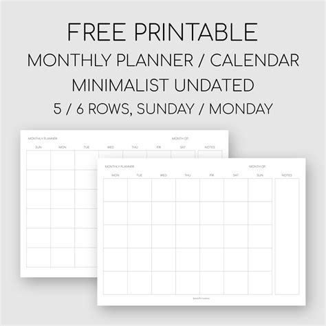 Printable Minimalist Monthly Planner Undated Calendar