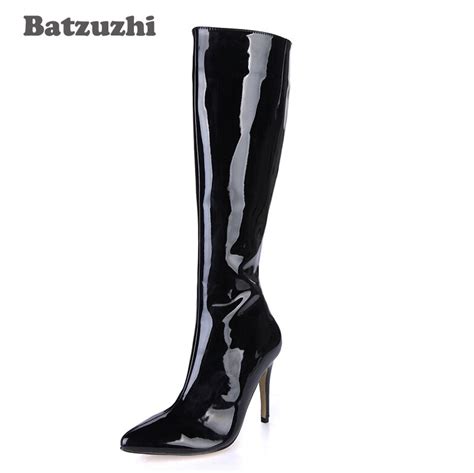Batzuzhi 9 7cm Fashion Women Boots Pointed Toe Black Patent Leather Boots For Women Knee High