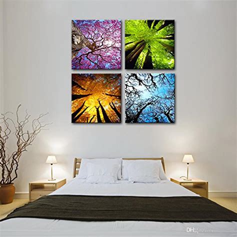 2019 4 Panels Four Seasons Tree Canvas Painting Wall Art
