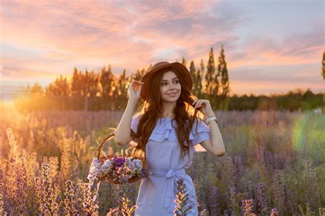 Wallpaper Brunette Model Looking Away Flowers Baskets Smiling Touching Hair Women With