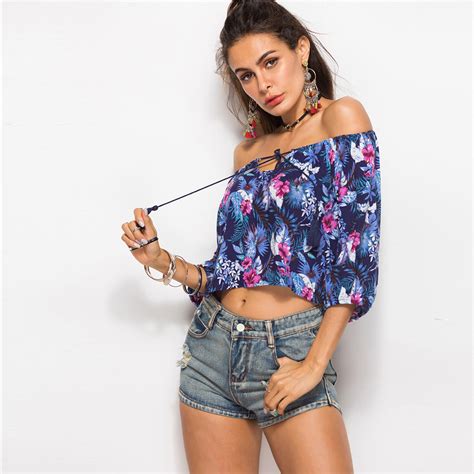 2019 Summer New Design Women Floral Print T Shirt Off Shoulder Bare