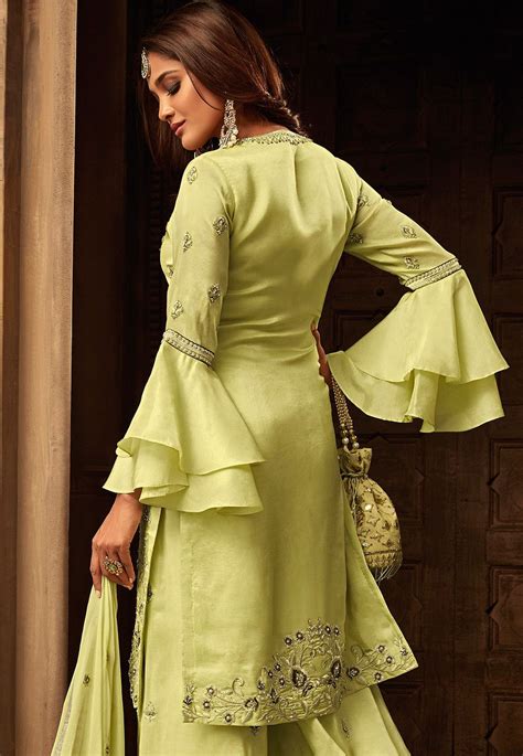 Green Georgette Satin Heavy Embroidered Sharara Style Pakistani Suit 29004