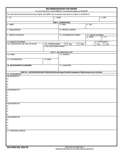 Da Form 638 Pdf Form Fillable Printable Forms Free Online