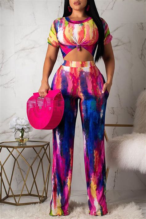 Lovely Casual O Neck Tie Dye Printed Purple Two Piece Pants Setlw Fashion Online For Women