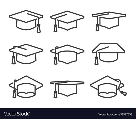 Graduation Hat Icon Set In Line Style Royalty Free Vector