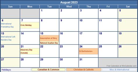 August 2023 Canada Calendar With Holidays For Printing Image Format