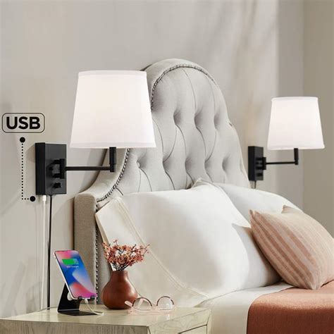 Lanett Black Plug In Swing Arm Wall Lamps Set Of 2 With Usb Port