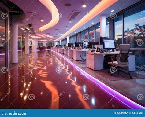 Futuristic Office With Led Pathways Guiding Sections Stock Illustration
