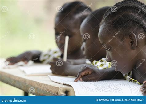 Three African Children Learning At School Outdoors Stock Photo Image