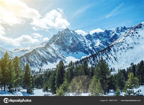 Landscape Snow Capped Peaks Rocky Mountains Sunny Weather Concept