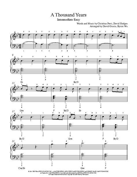A Thousand Years By Christina Perri Piano Sheet Music Intermediate Level
