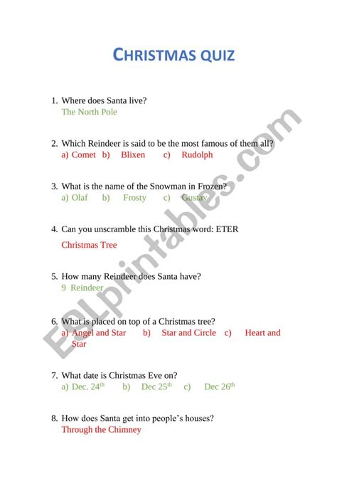 Christmas Quiz Esl Worksheet By Thomastm