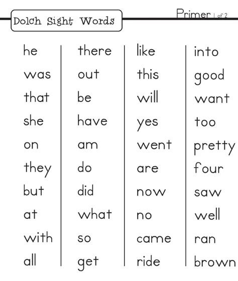 50 Sight Words For Kindergarten