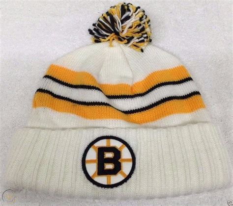 Boston Bruins Nhl White Stripe Ccm Pom Beanie Cap Cuffed Knit Hat Nwot