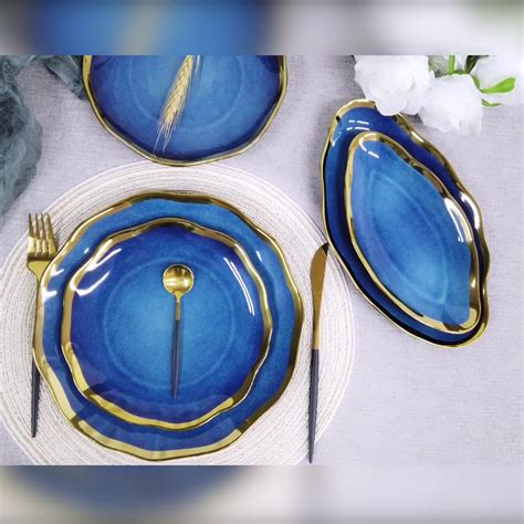 Wholesale Tableware Dinner Food Plate Dish Ceramic Gold Inlay