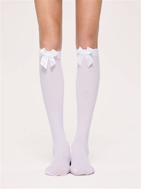 Solid Bowknot Knee High Tights Cider