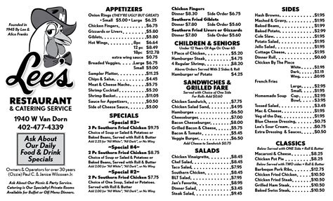 Pay attention that cheung lee kitchen opening and closing hours may vary on weekdays. Lee's Restaurant Menu - 402-477-4339 - Lincoln NE ...