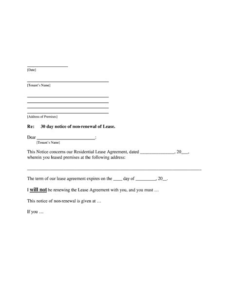 A letter to not renew informs a landlord or tenant that they will not be renewing their lease agreement. Tenant Non Renewal Of Lease Template - Fill Online ...