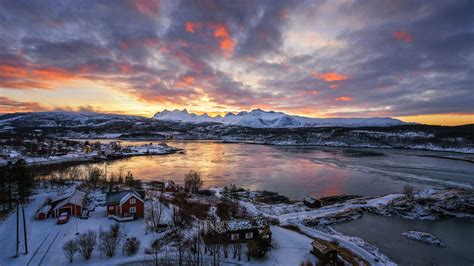 Winter Sunset In Norwegian Village