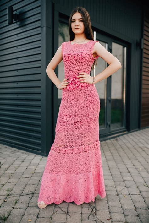 Pink Dress Crocheted For The Woman Lace Dress Evening Dress Handmade Dress Cotton
