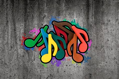 Graffiti Of Colorful Music Notes On The Wall Stock Photo