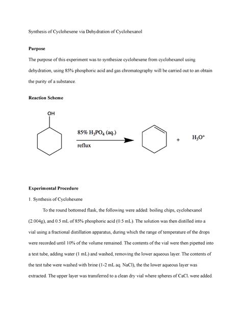 Synthesis Of Cyclohexene Via Dehydration Of Cyclohexanol Lab
