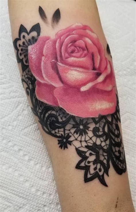 A Pink Rose With Black Lace Around It On The Left Forearm And Right Arm
