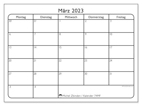Kalender März 2023 Zum Ausdrucken “53ms” Michel Zbinden Be