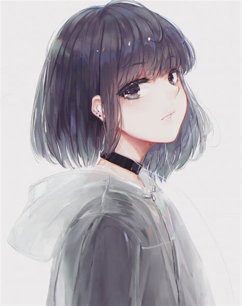 Anime Girl Profile View Choker Short Hair Coat Cute Anime Girl