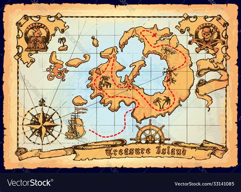Old Pirate Map Skull Island Treasure Map Vector Image