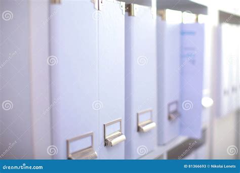 File Folders Standing On Shelves In The Background Stock Image Image