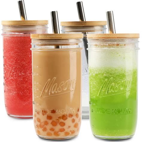 Buy 4 Pack Reusable Boba Tea Cups Glass Jars 24oz Wide Mouth Smoothie