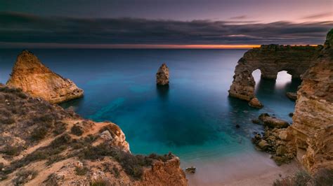 Algarve Coast Landscape Portugal Rock And Ocean During Sunset Hd Nature