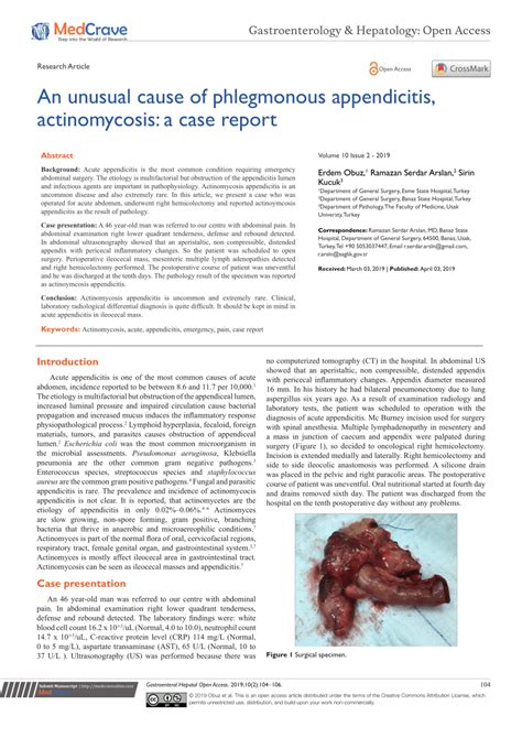 Pdf An Unusual Cause Of Phlegmonous Appendicitis Actinomycosis A