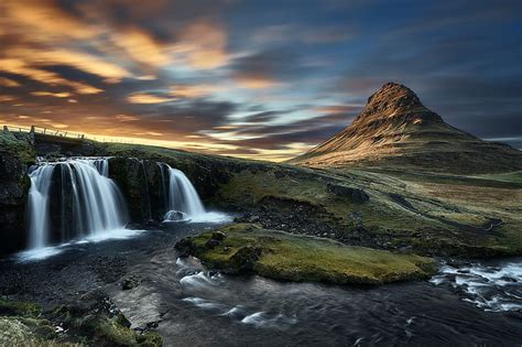 Waterfalls Waterfall Iceland Kirkjufell Mountain Sky Sunset Hd