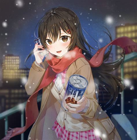 Download 3083x3144 Anime School Girl Coffee Cold Winter Black Hair