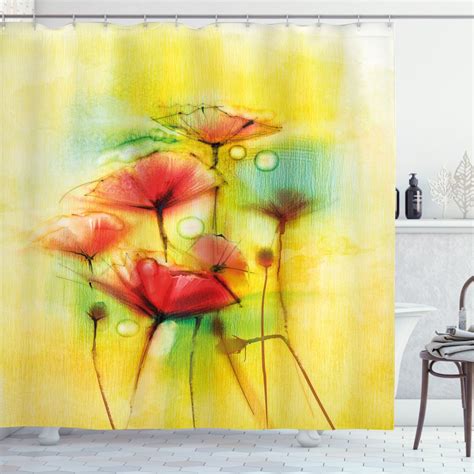 Watercolor Flower Home Decor Shower Curtain Poppy Flowers Motif In