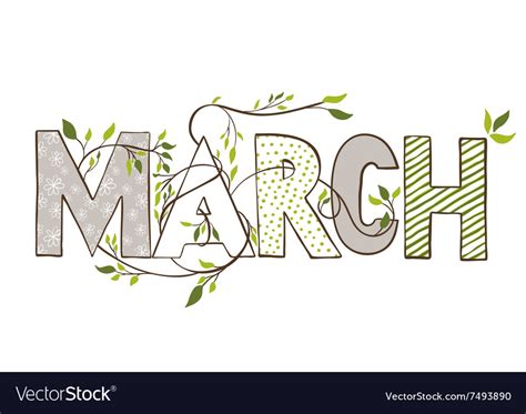 March Lettering With Branches And Young Leaves Vector Image