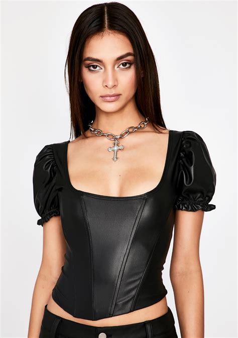 vegan leather bustier corset puff sleeves crop top leather bustier leather bustier corset